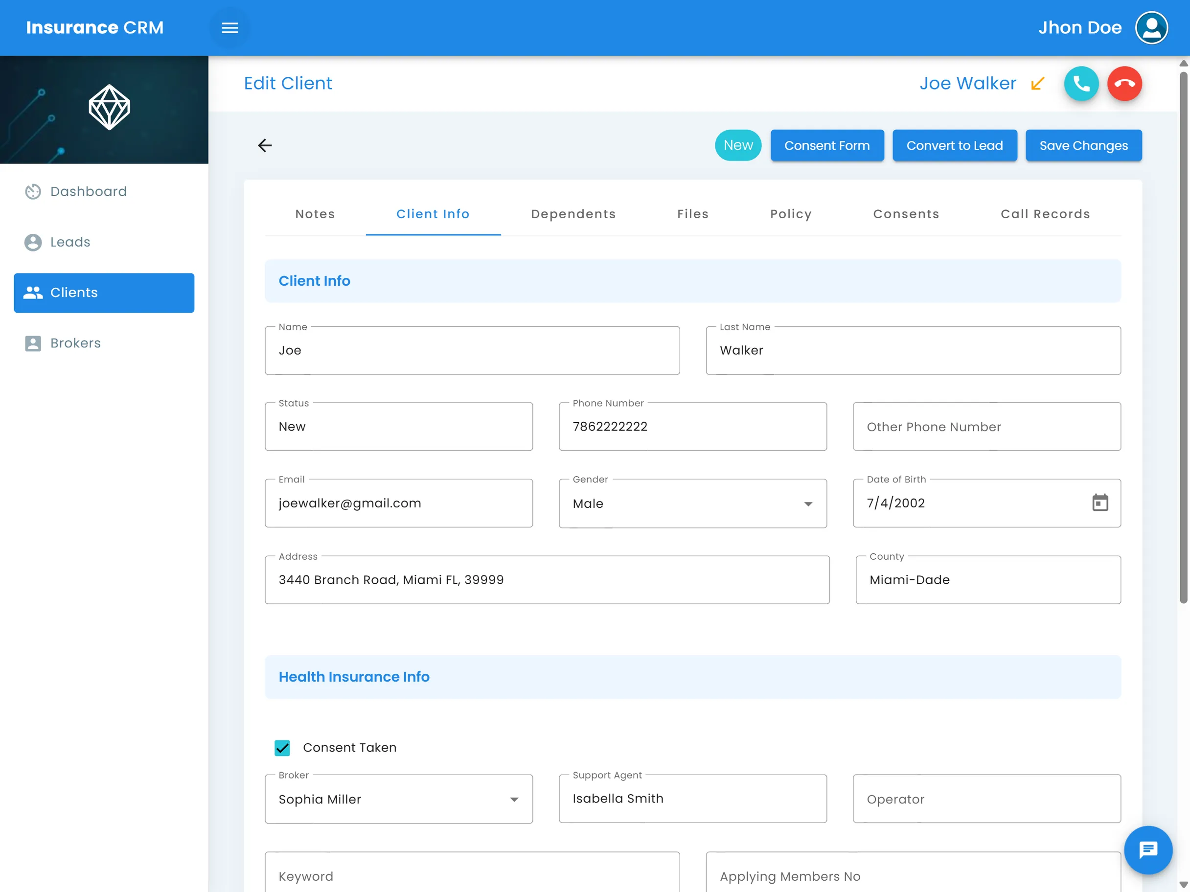Adamatix CRM interface showcasing tools for policy management and client interactions